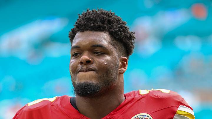 Sep 27, 2026; Miami Gardens, Florida, USA; Kansas City Chiefs offensive tackle Kahlil Benson (70) looks on after a gassed against the Miami Dolphins at Hard Rock Stadium. Mandatory Credit: Nathan Ray Seebeck-Imagn Images