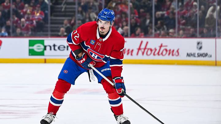 Mar 15, 2026; Montreal, Quebec, CAN; Montreal Canadiens defenseman Arber Xhekaj (72) plays the puck against the Anaheim Ducks during the first period at Bell Centre. Mandatory Credit: David Kirouac-Imagn Images Mar 15, 2026; Montreal, Quebec, CAN; Montreal Canadiens defenseman Arber Xhekaj (72) plays the puck against the Anaheim Ducks during the first period at Bell Centre. Mandatory Credit: David Kirouac-Imagn Images