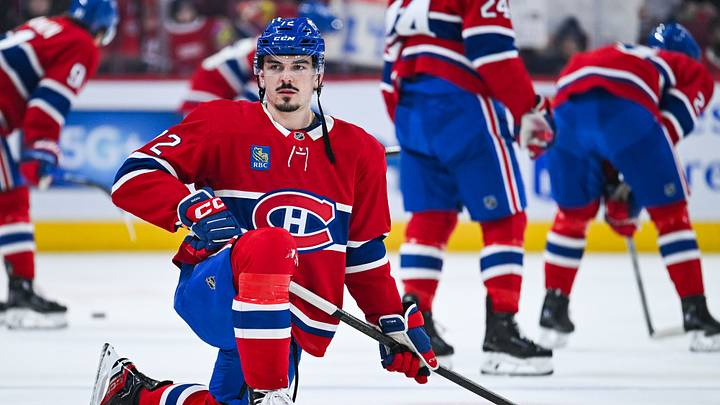 Jan 10, 2026; Montreal, Quebec, CAN; Montreal Canadiens defenseman Arber Xhekaj (72) stretches during warm-up before the game against the Detroit Red Wings at Bell Centre. Mandatory Credit: David Kirouac-Imagn Images
