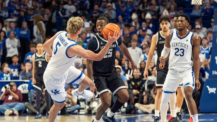 Kentucky’s Collin Chandler (5) was defended closely by Georgetown’s Jeremiah Williams (25) as the Kentucky Wildcats host the Georgetown Hoyas at Rupp Arena in Lexington on Thursday, Oct. 30, 2025. Kentucky’s Collin Chandler (5) was defended closely by Georgetown’s Jeremiah Williams (25) as the Kentucky Wildcats host the Georgetown Hoyas at Rupp Arena in Lexington on Thursday, Oct. 30, 2025.