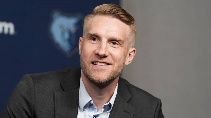 Tuomas Iisalo, Grizzlies head coach, smiles as he answers a question from the media during the introductory press conference for the team’s 2026 draft picks at FedExForum in Memphis, Tenn., on June 25, 2026.