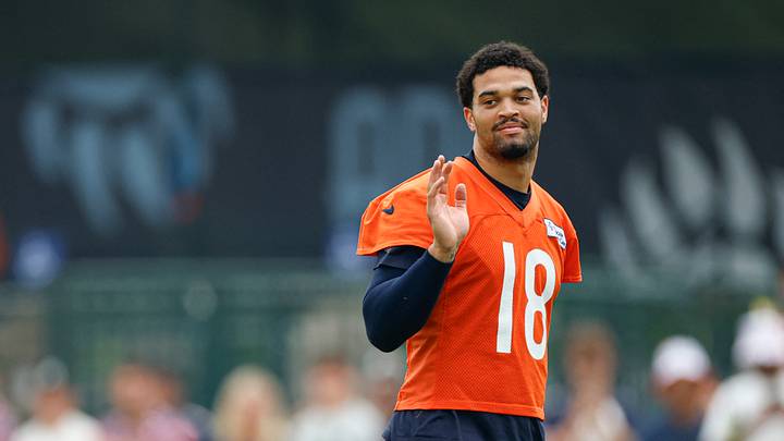 Aug 5, 2026; Lake Forest, IL, USA; Chicago Bears quarterback Caleb Williams (18) stands on the field during training camp at Halas Hall. Mandatory Credit: Kamil Krzaczynski-Imagn Images
