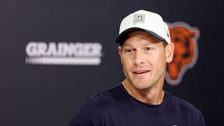Chicago Bears head coach Ben Johnson speaks during Training Camp at Halas Hall. 