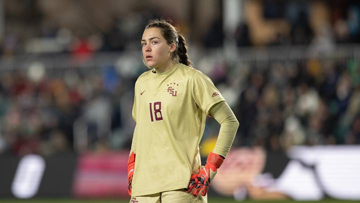 Dec 8, 2025; Kansas City, MO, USA; Florida State Seminoles goalkeeper Kate Ockene (18) during the 2025 NCAA Women’s College Cup Championship at CPKC Stadium. Mandatory Credit: Kylie Graham-Imagn Images