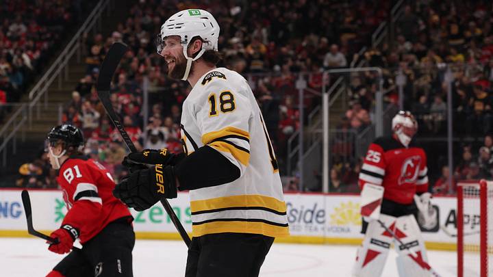 Mar 16, 2026; Newark, New Jersey, USA; Boston Bruins center Pavel Zacha (18) celebrates his goal against the New Jersey Devils during the first period at Prudential Center. Mandatory Credit: Ed Mulholland-Imagn Images