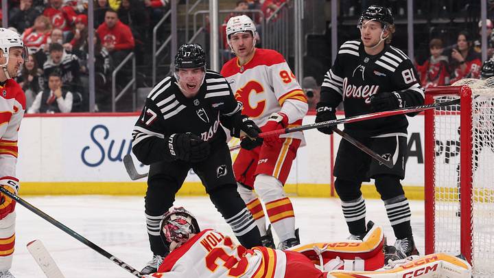 Mar 12, 2026; Newark, New Jersey, USA; New Jersey Devils defenseman Simon Nemec (17) celebrates his goal against the Calgary Flames during the second period at Prudential Center. Mandatory Credit: Ed Mulholland-Imagn Images Mar 12, 2026; Newark, New Jersey, USA; New Jersey Devils defenseman Simon Nemec (17) celebrates his goal against the Calgary Flames during the second period at Prudential Center. Mandatory Credit: Ed Mulholland-Imagn Images