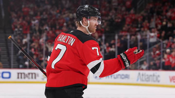 Newark, New Jersey, USA; New Jersey Devils defenseman Dougie Hamilton (7) celebrates his goal against the Nashville Predators during the second period at Prudential Center on January 29th, 2026. Mandatory Credit: Ed Mulholland-Imagn Images