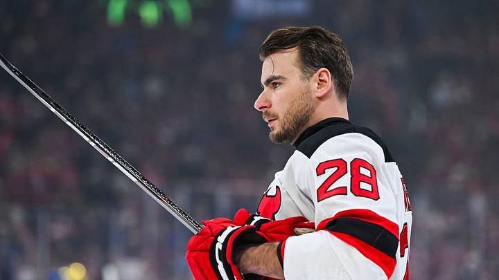Apr 5, 2026; Montreal, Quebec, CAN; New Jersey Devils right wing Timo Meier (28) looks on during warm-up before the game against the Montreal Canadiens at Bell Centre. Mandatory Credit: David Kirouac-Imagn Images Apr 5, 2026; Montreal, Quebec, CAN; New Jersey Devils right wing Timo Meier (28) looks on during warm-up before the game against the Montreal Canadiens at Bell Centre. Mandatory Credit: David Kirouac-Imagn Images