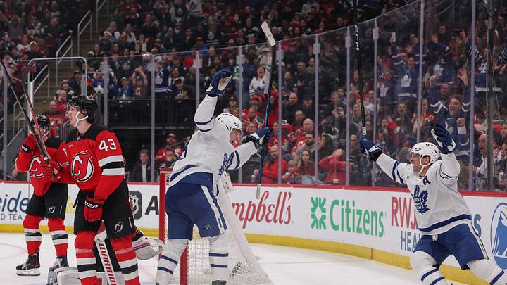 Toronto Maple Leafs left wing Matthew Knies (23) celebrates his goal against the New Jersey Devils during the third period at Prudential Center. Mandatory Credit: Ed Mulholland-Imagn Images Toronto Maple Leafs left wing Matthew Knies (23) celebrates his goal against the New Jersey Devils during the third period at Prudential Center. Mandatory Credit: Ed Mulholland-Imagn Images