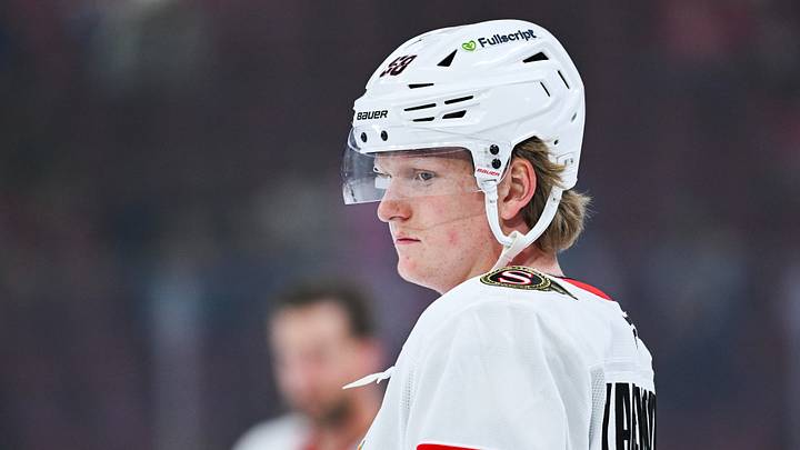 Oct 4, 2025; Montreal, Quebec, CAN; Ottawa Senators defenseman Carter Yakemchuk (58) looks on during warm-up before the game against the Montreal Canadiens at Bell Centre. Mandatory Credit: David Kirouac-Imagn Images
