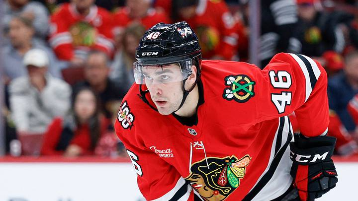 Nov 15, 2025; Chicago, Illinois, USA; Chicago Blackhawks defenseman Louis Crevier (46) looks on during the first period at United Center. Mandatory Credit: Kamil Krzaczynski-Imagn Images