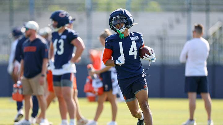 Jul 29, 2026; Lake Forest, IL, USA; Chicago Bears wide receiver Kalif Raymond (14) runs on the field during Training Camp at Halas Hall. Mandatory Credit: Kamil Krzaczynski-Imagn Images