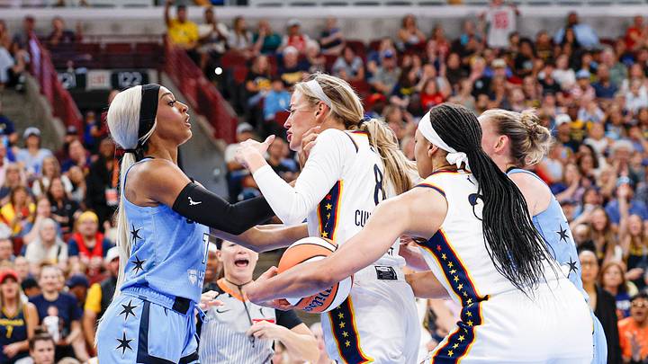 Aug 8, 2026; Chicago, Illinois, USA; Indiana Fever guard Sophie Cunningham (8) fights with Chicago Sky guard DiJonai Carrington (7) after she was fouled during the first half at United Center. Mandatory Credit: Kamil Krzaczynski-Imagn Images Aug 8, 2026; Chicago, Illinois, USA; Indiana Fever guard Sophie Cunningham (8) fights with Chicago Sky guard DiJonai Carrington (7) after she was fouled during the first half at United Center. Mandatory Credit: Kamil Krzaczynski-Imagn Images