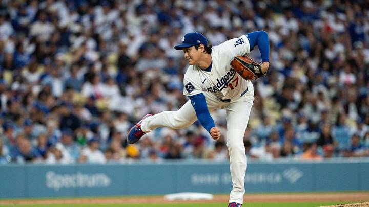 Jul 3, 2026; Los Angeles, California, USA; Los Angeles Dodgers two-way player Shohei Ohtani (17) throws during the fourth inning against the San Diego Padres at Dodger Stadium. Mandatory Credit: Jon Endow-Imagn Images