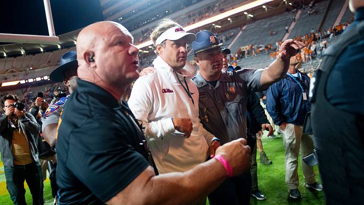 Mississippi Football Coach Lane Kiffin, center, is quickly escorted off the field after Ole Miss defeated Tennessee at Neyland Stadium in Knoxville, Tenn. on Saturday, Oct. 16, 2021.
Kns Tennessee Ole Miss Football Bp Mississippi Football Coach Lane Kiffin, center, is quickly escorted off the field after Ole Miss defeated Tennessee at Neyland Stadium in Knoxville, Tenn. on Saturday, Oct. 16, 2021.
Kns Tennessee Ole Miss Football Bp
