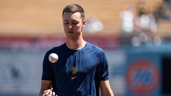 Aug 16, 2026; Los Angeles, California, USA; Milwaukee Brewers pitcher Jacob Misiorowski (32) during pregame warmup against the Los Angeles Dodgers at Dodger Stadium. Mandatory Credit: Jon Endow-Imagn Images Aug 16, 2026; Los Angeles, California, USA; Milwaukee Brewers pitcher Jacob Misiorowski (32) during pregame warmup against the Los Angeles Dodgers at Dodger Stadium. Mandatory Credit: Jon Endow-Imagn Images
