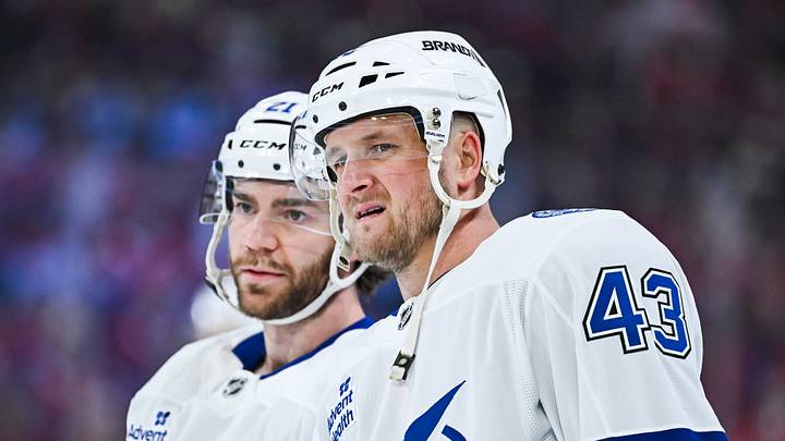 Apr 26, 2026; Montreal, Quebec, CAN; Tampa Bay Lightning defenseman Darren Raddysh (43) looks on beside center Brayden Point (21) during warm-up before the game against the Montreal Canadiens in game four of the first round of the 2026 Stanley Cup Playoffs at Bell Centre. Mandatory Credit: David Kirouac-Imagn Images Apr 26, 2026; Montreal, Quebec, CAN; Tampa Bay Lightning defenseman Darren Raddysh (43) looks on beside center Brayden Point (21) during warm-up before the game against the Montreal Canadiens in game four of the first round of the 2026 Stanley Cup Playoffs at Bell Centre. Mandatory Credit: David Kirouac-Imagn Images
