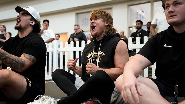 Theo Von cheers on Vanderbilt players during football pro day at Vanderbilt University in Nashville, Tenn., Friday, March 20, 2026.