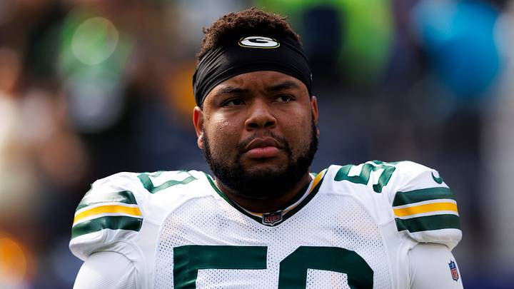 Zach Bako-Bewele #50 of the Green Bay Packers on the sideline before a game against the Los Angeles Rams at SoFi Stadium Zach Bako-Bewele #50 of the Green Bay Packers on the sideline before a game against the Los Angeles Rams at SoFi Stadium