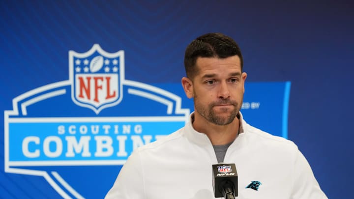 Feb 25, 2025; Indianapolis, IN, USA; Carolina Panthers coach Dave Canales speaks during the NFL Scouting Combine at the Indiana Convention Center. 