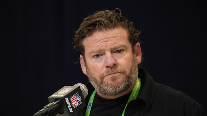Feb 25, 2025; Indianapolis, IN, USA; Seattle Seahawks general manager John Schneider speaks during the NFL Scouting Combine at the Indiana Convention Center. 