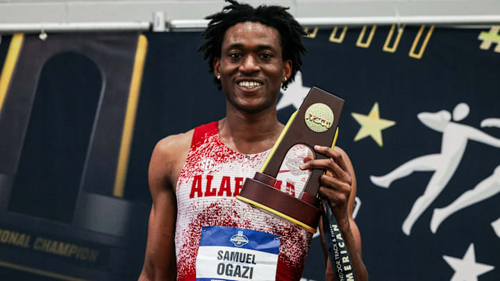 Alabama Track & Field Athlete Samuel Ogazi (Sprints) wins 400-Meter during the NCAA Indoor Track and Field Championship at Randal Tyson Track Center in Fayetteville, AR on Saturday, Mar 14, 2026. Alabama Track & Field Athlete Samuel Ogazi (Sprints) wins 400-Meter during the NCAA Indoor Track and Field Championship at Randal Tyson Track Center in Fayetteville, AR on Saturday, Mar 14, 2026.