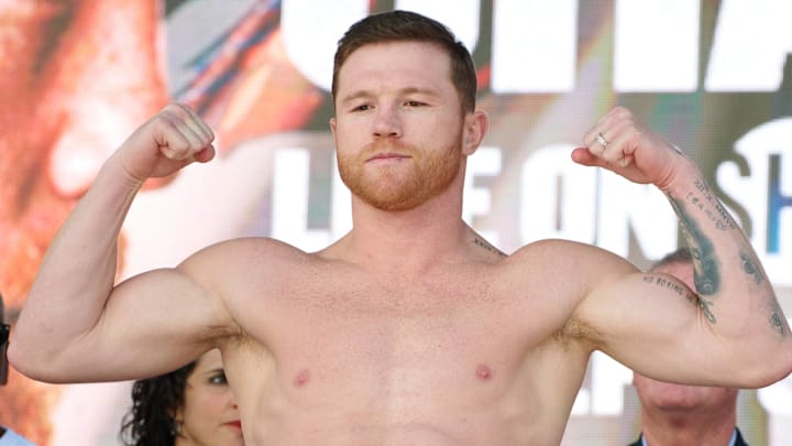 Canelo Alvarez during the weigh-in ceremony prior to the Boxing fight against Jermell Charlo on September 29, 2023.
