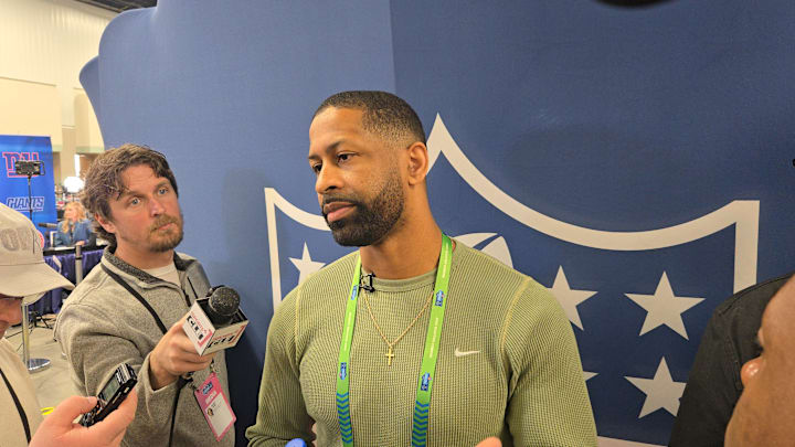 Cleveland Browns general manager Andrew Berry speaks to the media at the NFL Combine in Indianapolis, Ind. 