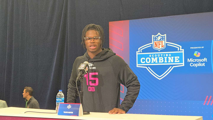Colorado two-way star Travis Hunter spoke to the media at the NFL Combine in Indianapolis, Ind. Colorado two-way star Travis Hunter spoke to the media at the NFL Combine in Indianapolis, Ind.