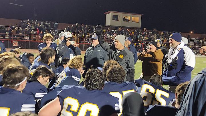 Kirtland football coach Tiger LaVerde talks to his team after defeating Northmor in the 2024 Division VI state semifinals.