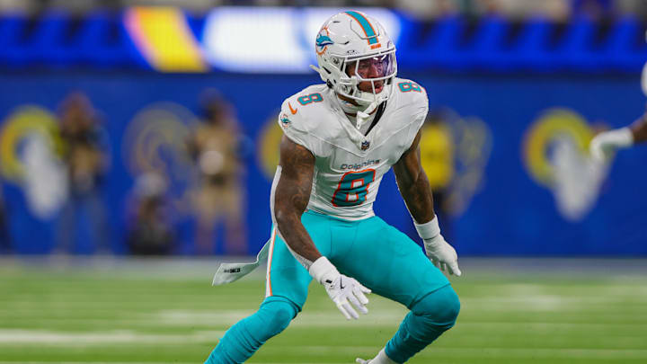 INGLEWOOD, CA - NOVEMBER 11: Miami Dolphins safety Jevon Holland (8) rushes the passer during the NFL, American Football Herren, USA game between the Miami Dolphins and the Los Angeles Rams on November 11, 2024 at SoFi Stadium in Inglewood, CA. INGLEWOOD, CA - NOVEMBER 11: Miami Dolphins safety Jevon Holland (8) rushes the passer during the NFL, American Football Herren, USA game between the Miami Dolphins and the Los Angeles Rams on November 11, 2024 at SoFi Stadium in Inglewood, CA.