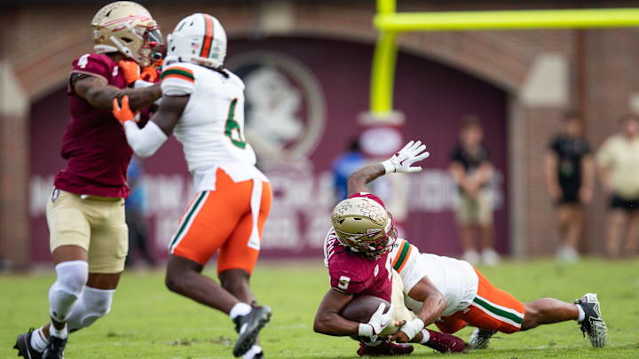 The Florida State Seminoles and the Miami Hurricanes are tied 10-10 at the half on Saturday, Nov. 11, 2023.