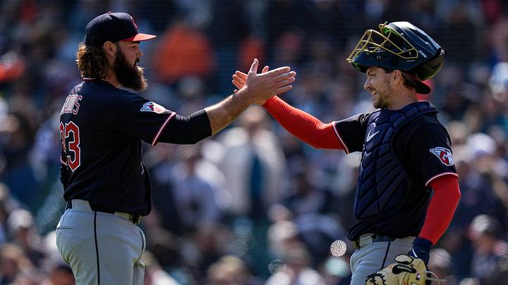 Cleveland Guardians pitcher Hunter Gaddis (33), left, and catcher Patrick Bailey (16) celebrate 3-1 win over Detroit Tigers at Comerica Park in Detroit on Thursday, May 21, 2026. Cleveland Guardians pitcher Hunter Gaddis (33), left, and catcher Patrick Bailey (16) celebrate 3-1 win over Detroit Tigers at Comerica Park in Detroit on Thursday, May 21, 2026.