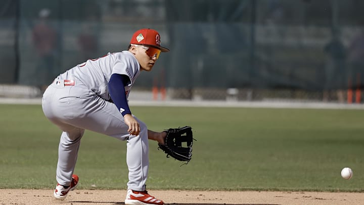 Feb 16, 2026; Jupiter, FL, USA;  St. Louis Cardinals infielder JJ Wetherholt fields a ground ball during spring training workouts at Roger Dean Stadium. Mandatory Credit: Reinhold Matay-Imagn Images