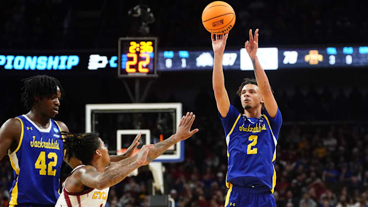 Mar 21, 2024; Omaha, NE, USA; South Dakota State Jackrabbits guard Zeke Mayo (2) shoots against Iowa State.