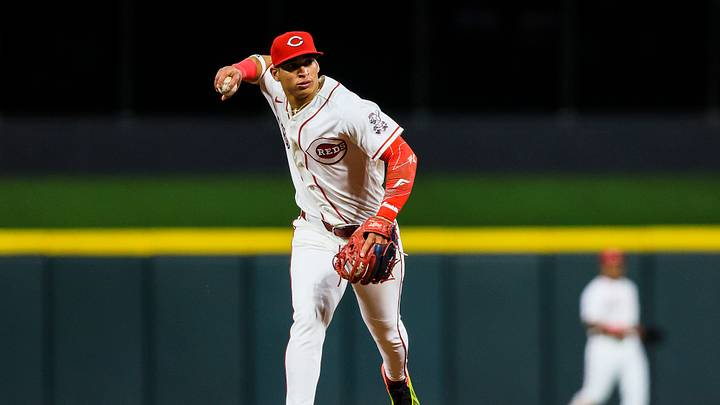 Sep 14, 2026; Cincinnati, Ohio, USA; Cincinnati Reds second baseman Juan Brito (46) throws to first to get Los Angeles Dodgers outfielder Tommy Edman (not pictured) out in the eighth inning at Great American Ball Park. Mandatory Credit: Katie Stratman-Imagn Images Sep 14, 2026; Cincinnati, Ohio, USA; Cincinnati Reds second baseman Juan Brito (46) throws to first to get Los Angeles Dodgers outfielder Tommy Edman (not pictured) out in the eighth inning at Great American Ball Park. Mandatory Credit: Katie Stratman-Imagn Images