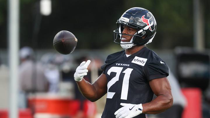 Jul 23, 2025; Houston, TX, USA;  Houston Texans running back Nick Chubb (21) during training camp at Houston Methodist Training Center. Mandatory Credit: Troy Taormina-Imagn Images
