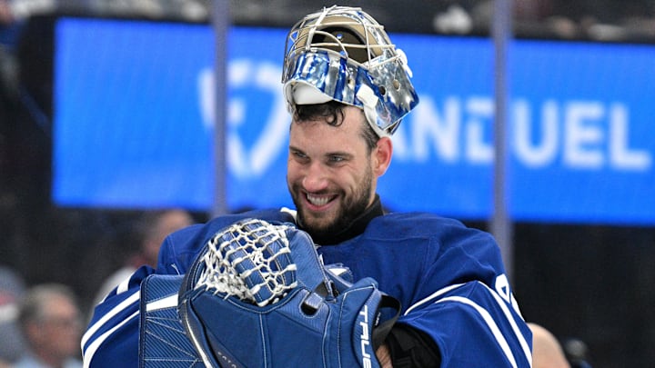 Sep 26, 2024; Toronto, Ontario, CAN;  Toronto Maple Leafs goalie Anthony Stolarz (41) adjusts his equipment during a time out against the Montreal Canadiens in the second period at Scotiabank Arena. Mandatory Credit: Dan Hamilton-Imagn Images