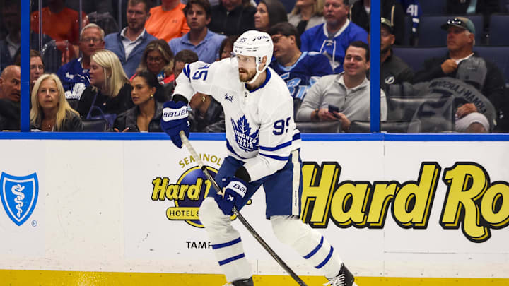 Feb 25, 2026; Tampa, Florida, USA; Toronto Maple Leafs defenseman Oliver Ekman-Larsson (95) handles the puck during the first period at Benchmark International Arena. Mandatory Credit: Morgan Tencza-Imagn Images