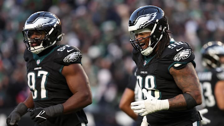 Nov 28, 2025; Philadelphia, Pennsylvania, USA; Philadelphia Eagles defensive tackle Jalen Carter (98) celebrates after a sack against the Chicago Bears during the second quarter of the game at Lincoln Financial Field. Mandatory Credit: Bill Streicher-Imagn Images