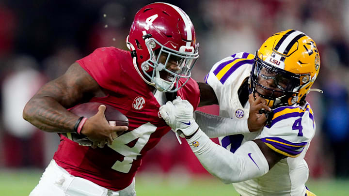 Nov 4, 2023; Tuscaloosa, Alabama, USA; Alabama Crimson Tide quarterback Jalen Milroe (4) scrambles