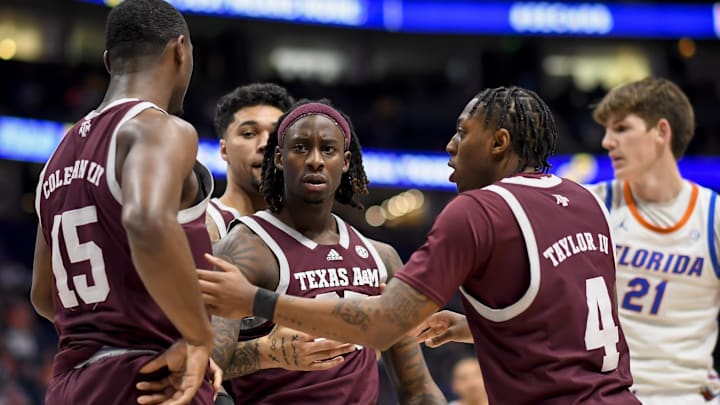 Mar 16, 2024; Nashville, TN, USA;  Texas A&M Aggies guard Manny Obaseki (35) reacts after making