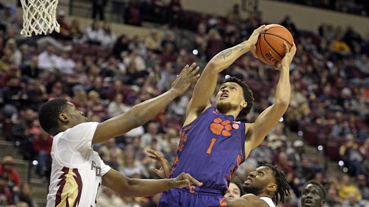 Jan 20, 2024; Tallahassee, Florida, USA; Clemson Tigers guard Chase Hunter (1) shoots the ball