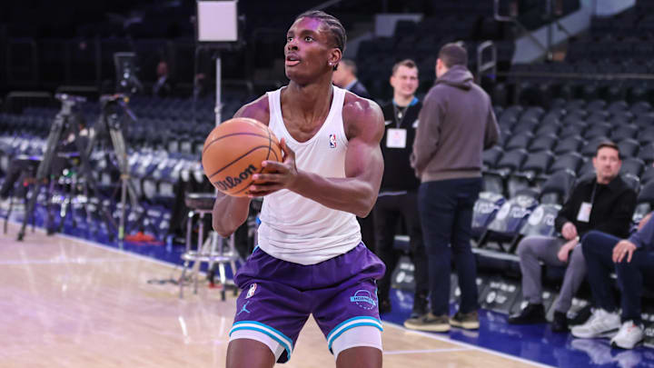 Dec 3, 2025; New York, New York, USA;  Charlotte Hornets forward Moussa Diabate (14) warms up prior to a game against the New York Knicks at Madison Square Garden. Mandatory Credit: Wendell Cruz-Imagn Images