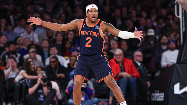 Mar 12, 2024; New York, New York, USA; New York Knicks guard Miles McBride (2) reacts after a basket against the Philadelphia 76ers during the second half at Madison Square Garden. Mandatory Credit: Vincent Carchietta-Imagn Images Mar 12, 2024; New York, New York, USA; New York Knicks guard Miles McBride (2) reacts after a basket against the Philadelphia 76ers during the second half at Madison Square Garden. Mandatory Credit: Vincent Carchietta-Imagn Images