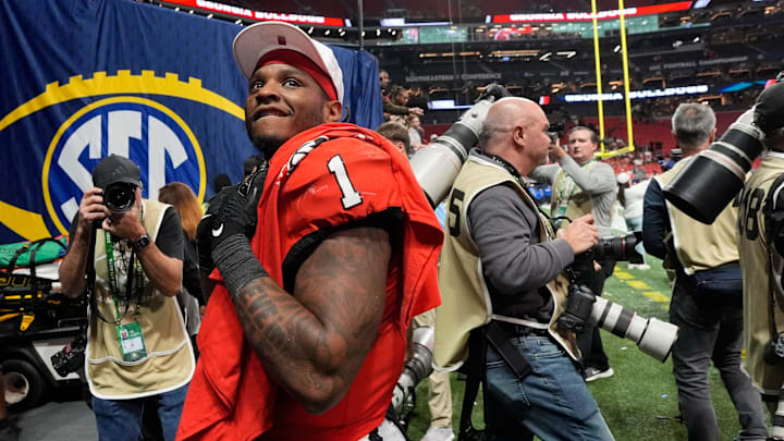 Georgia running back Trevor Etienne (1) celebrates after the winning the SEC championship game against Texas in Atlanta, on Saturday, Dec. 7, 2024. Georgia won 22-19.
