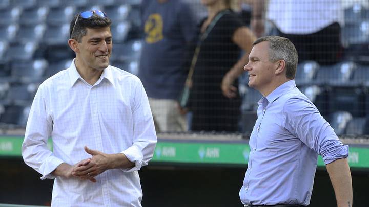 Aug 18, 2022; Pittsburgh, Pennsylvania, USA; Boston Red Sox chief baseball officer Chaim Bloom (left) and Pittsburgh Pirates general manager Ben Cherington (right) talk before the Pirates host the Red Sox at PNC Park. Mandatory Credit: Charles LeClaire-Imagn Images