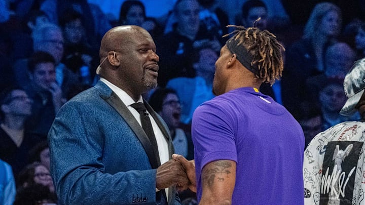 February 15, 2020; Chicago, Illinois, USA; NBA great Shaquille O'Neal (left) shakes hands with Los Angeles Lakers player Dwight Howard (right) during NBA All Star Saturday Night at United Center. Mandatory Credit: Kyle Terada-Imagn Images February 15, 2020; Chicago, Illinois, USA; NBA great Shaquille O'Neal (left) shakes hands with Los Angeles Lakers player Dwight Howard (right) during NBA All Star Saturday Night at United Center. Mandatory Credit: Kyle Terada-Imagn Images