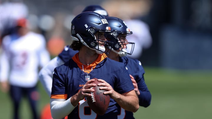 May 23, 2024; Englewood, CO, USA; Denver Broncos quarterback Jarrett Stidham (8) and quarterback Bo Nix (10) during organized team activities at Centura Health Training Center. Mandatory Credit: Isaiah J. Downing-USA TODAY Sports