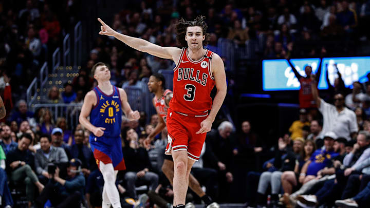 Mar 24, 2025; Denver, Colorado, USA; Chicago Bulls guard Josh Giddey (3) reacts after a basket in the fourth quarter against the Denver Nuggets at Ball Arena. Mandatory Credit: Isaiah J. Downing-Imagn Images